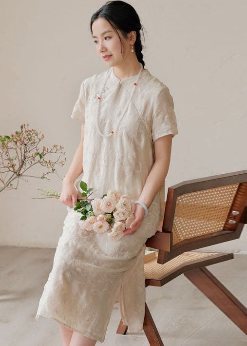 Chinese Style Apricot Embroideried Patchwork Linen Dress Summer LY2543 - fabuloryshop