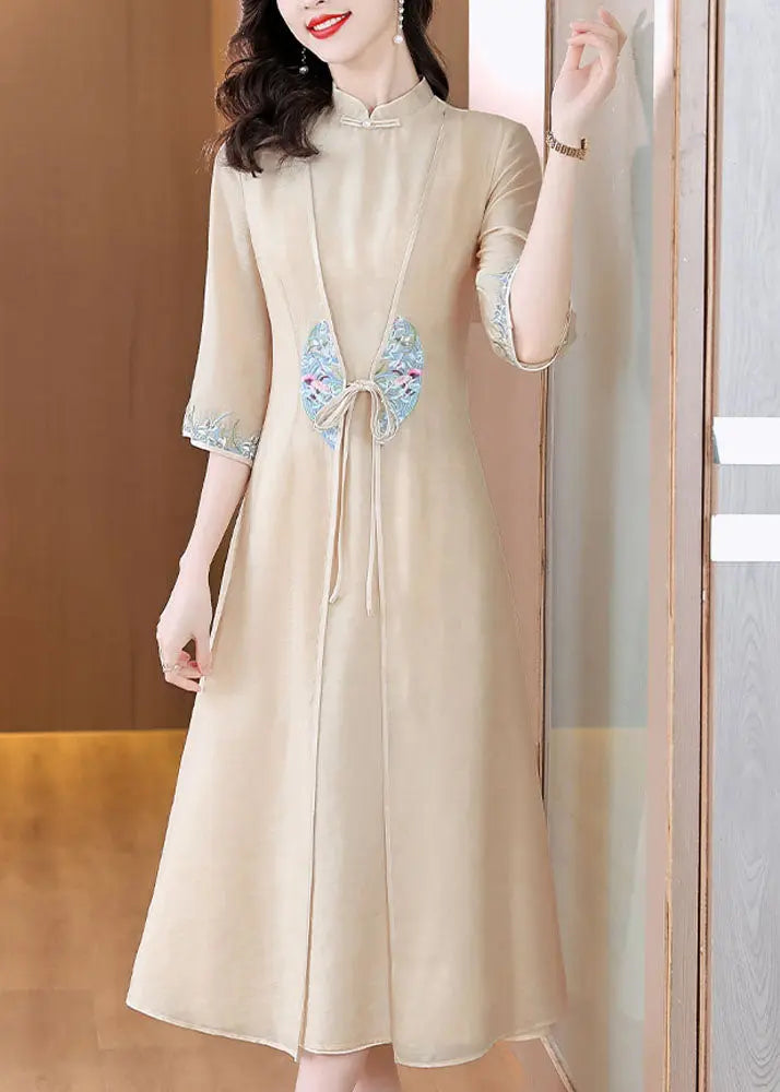 Chinese Style Apricot Stand Collar Embroidered Patchwork Tie Waist Silk Maxi Dress Long Sleeve Ada Fashion
