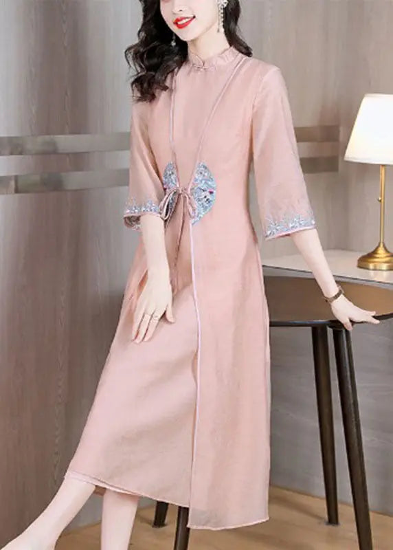 Chinese Style Apricot Stand Collar Embroidered Patchwork Tie Waist Silk Maxi Dress Long Sleeve Ada Fashion
