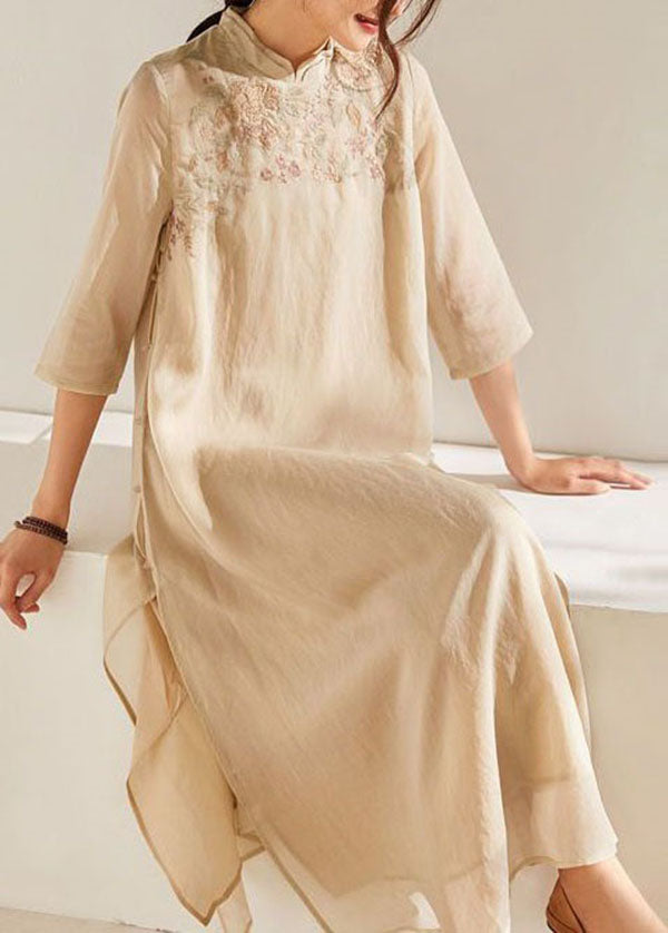 Chinese Style Apricot Stand Collar Embroideried Patchwork Silk Dress Summer LY4600 - fabuloryshop