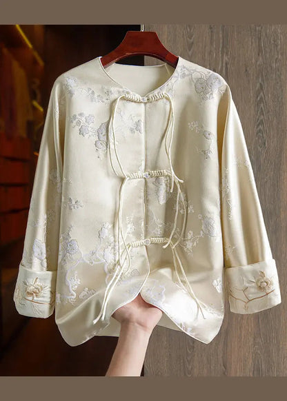 Chinese Style Apricot Tasseled Button Embroideried Silk Coats Fall Ada Fashion