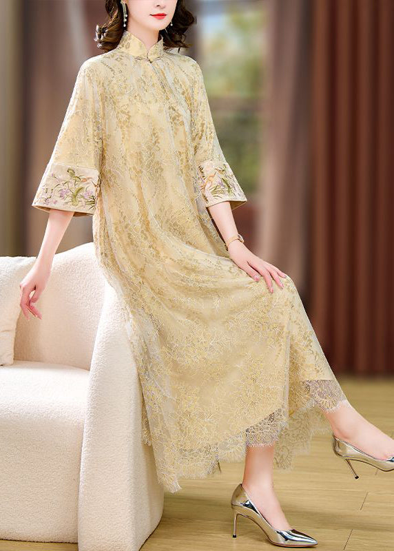 Chinese Style Beige Mandarin Collar Chinese Button Lace Dresses Summer LY3736 - fabuloryshop