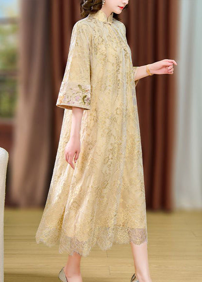 Chinese Style Beige Mandarin Collar Chinese Button Lace Dresses Summer LY3736 - fabuloryshop