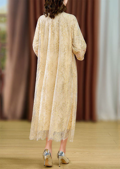 Chinese Style Beige Mandarin Collar Chinese Button Lace Dresses Summer LY3736 - fabuloryshop