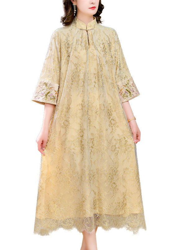 Chinese Style Beige Mandarin Collar Chinese Button Lace Dresses Summer LY3736 - fabuloryshop