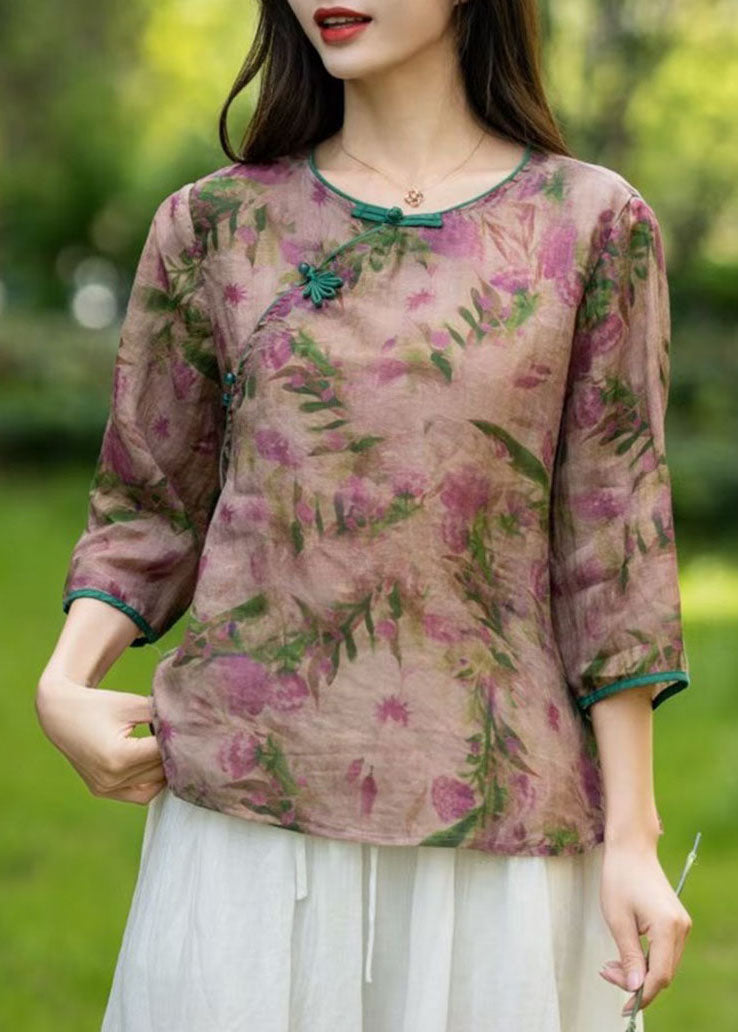 Chinese Style Beige O Neck Print Patchwork Linen T Shirts Summer Ada Fashion