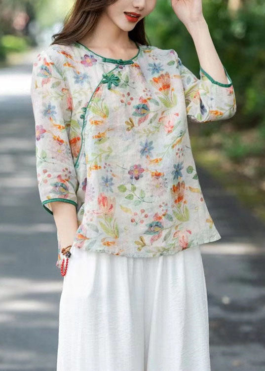 Chinese Style Beige O Neck Print Patchwork Linen T Shirts Summer Ada Fashion