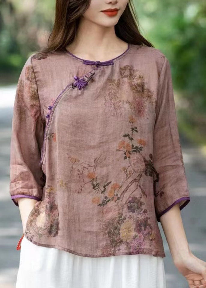 Chinese Style Beige O Neck Print Patchwork Linen T Shirts Summer Ada Fashion