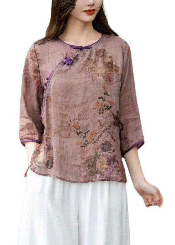 Chinese Style Beige O Neck Print Patchwork Linen T Shirts Summer Ada Fashion