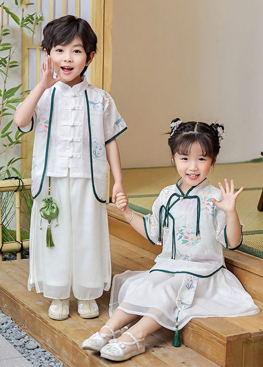 Chinese Style Beige Stand Collar Tasseled Patchwork Cotton Baby Girls Two Pieces Set Summer LY6527 - fabuloryshop