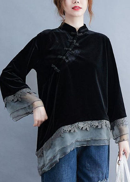 Chinese Style Black Asymmetrical Button Patchwork Silk Velour Blouses Spring LY0599 - fabuloryshop