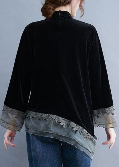 Chinese Style Black Asymmetrical Button Patchwork Silk Velour Blouses Spring LY0599 - fabuloryshop