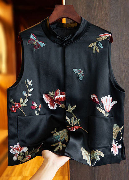 Chinese Style Black Butterfly Embroideried Patchwork Silk Vest Sleeveless LY1699 - fabuloryshop