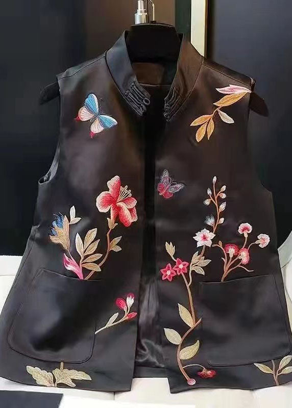 Chinese Style Black Butterfly Embroideried Patchwork Silk Vest Sleeveless LY1699 - fabuloryshop