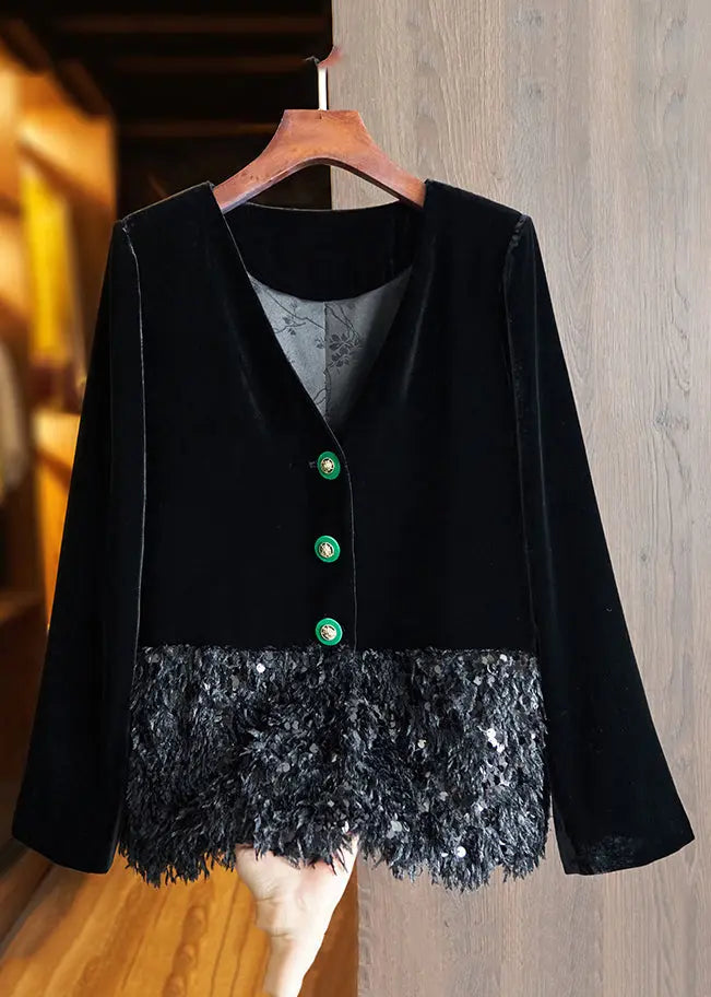 Chinese Style Black Button Sequins Patchwork Silk Velour Coats Fall Ada Fashion