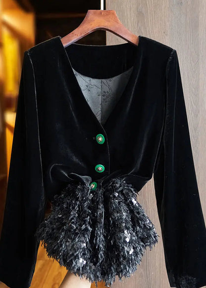 Chinese Style Black Button Sequins Patchwork Silk Velour Coats Fall Ada Fashion