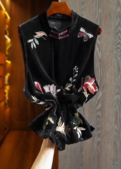 Chinese Style Black Embroidered Pockets Silk Velour Waistcoat Fall Ada Fashion