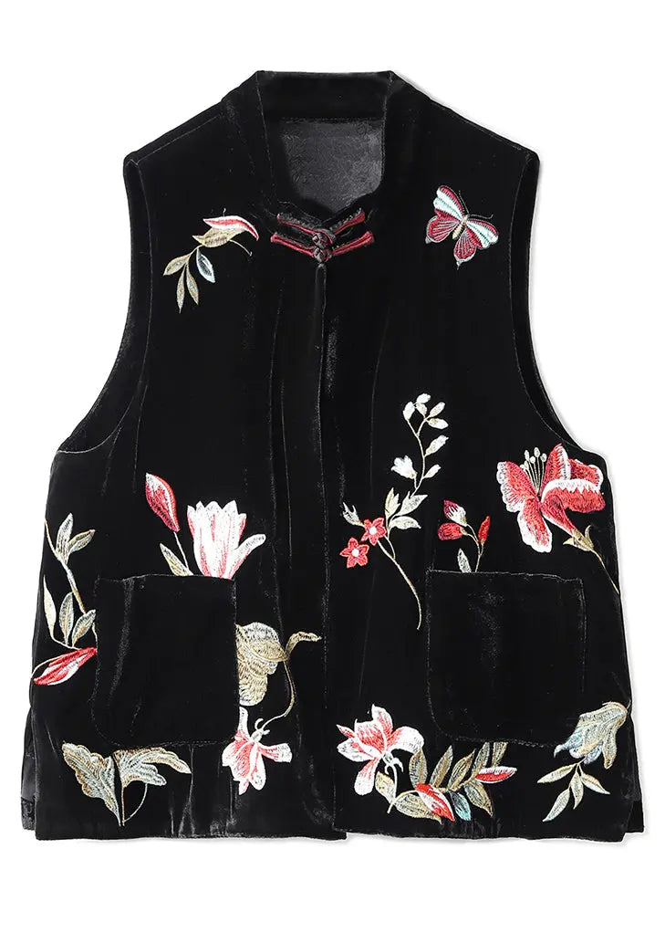 Chinese Style Black Embroidered Pockets Silk Velour Waistcoat Fall Ada Fashion