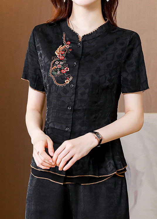 Chinese Style Black Embroideried Patchwork Silk Shirts Summer LY0432 - fabuloryshop