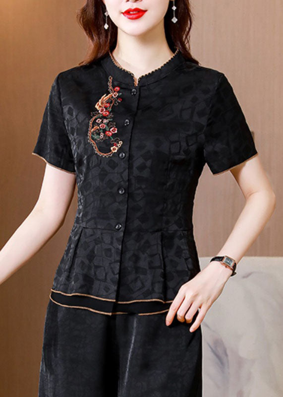 Chinese Style Black Embroideried Patchwork Silk Shirts Summer LY0432 - fabuloryshop