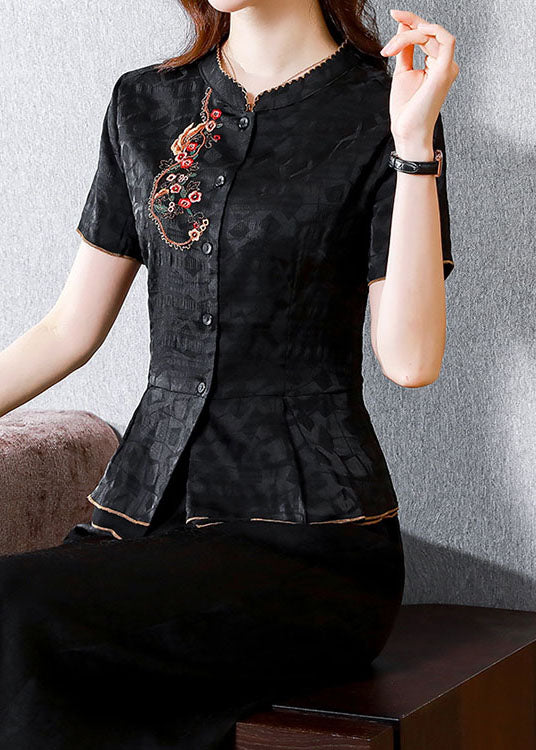 Chinese Style Black Embroideried Patchwork Silk Shirts Summer LY0432 - fabuloryshop