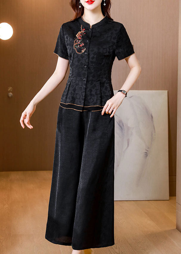 Chinese Style Black Embroideried Patchwork Silk Shirts Summer LY0432 - fabuloryshop