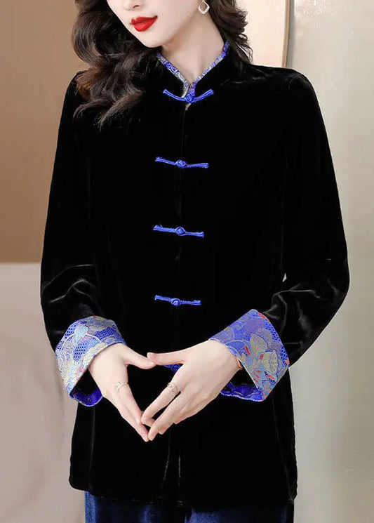 Chinese Style Black Print Button Silk Velour Coats Long Sleeve Ada Fashion