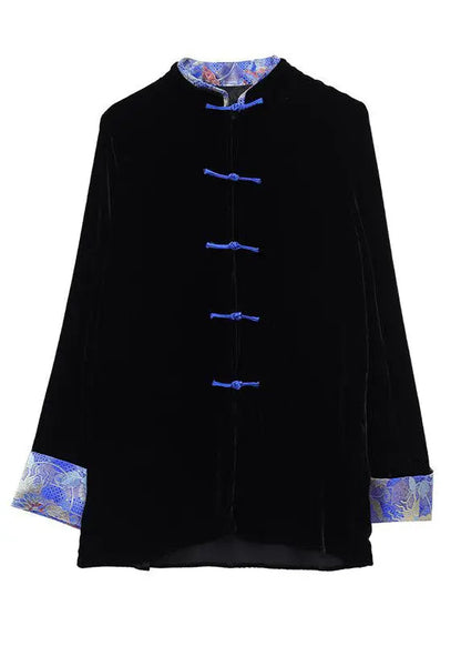 Chinese Style Black Print Button Silk Velour Coats Long Sleeve Ada Fashion