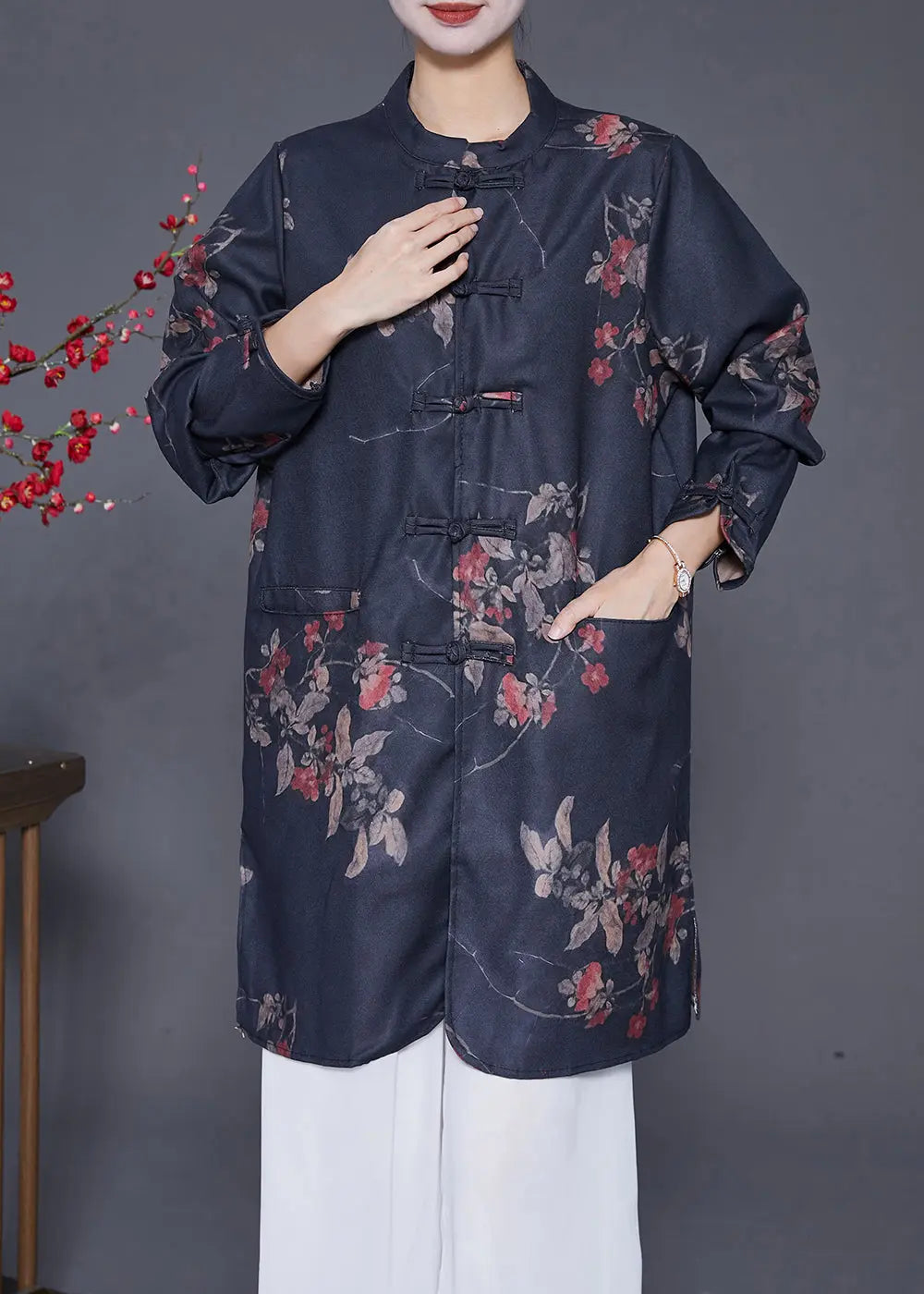 Chinese Style Black Print Linen Long Clothes Fall Ada Fashion