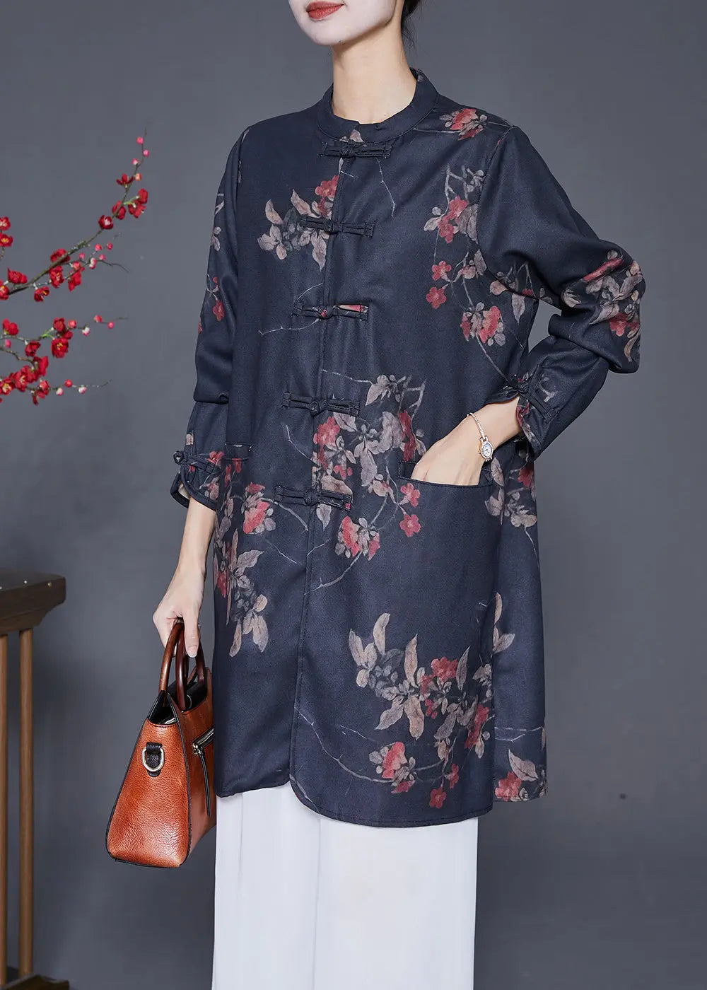 Chinese Style Black Print Linen Long Clothes Fall Ada Fashion