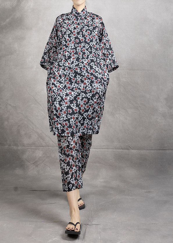 Chinese Style Black Print Tops And Pants Linen Two Pieces Set Summer LY4577 - fabuloryshop