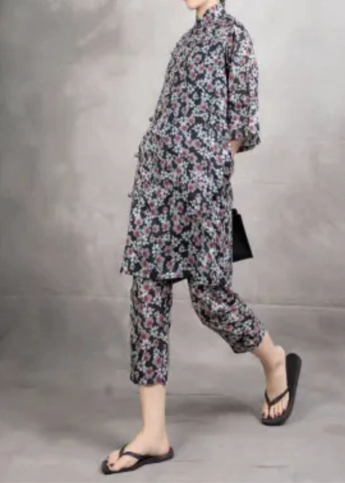 Chinese Style Black Print Tops And Pants Linen Two Pieces Set Summer LY4577 - fabuloryshop