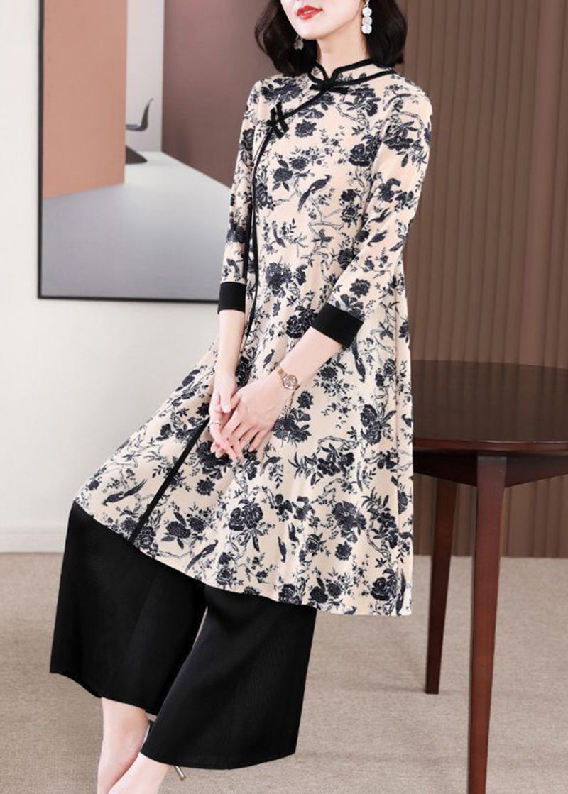 Chinese Style Black Print Wrinkled Long Dress Two Pieces Set Summer LY2777