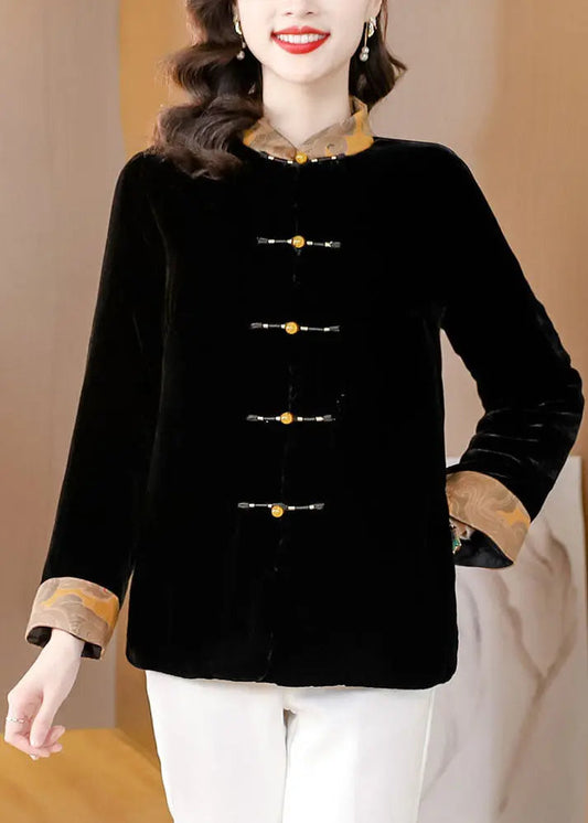 Chinese Style Black Stand Collar Button Silk Velour Parka Coats Winter Ada Fashion