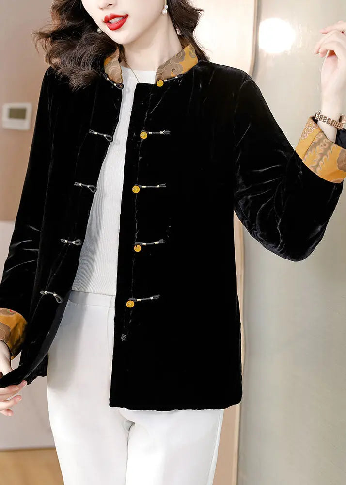 Chinese Style Black Stand Collar Button Silk Velour Parka Coats Winter Ada Fashion