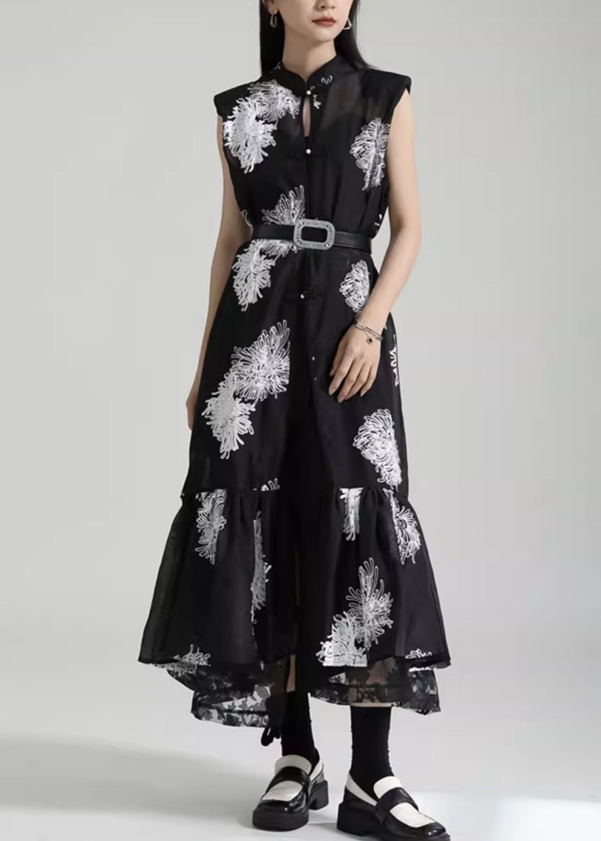 Chinese Style Black Stand Collar Embroideried Tulle Dresses Sleeveless Ada Fashion