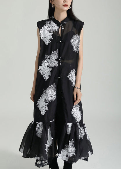 Chinese Style Black Stand Collar Embroideried Tulle Dresses Sleeveless Ada Fashion