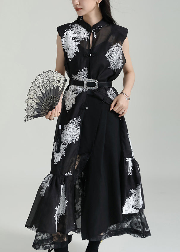 Chinese Style Black Stand Collar Embroideried Tulle Dresses Sleeveless Ada Fashion