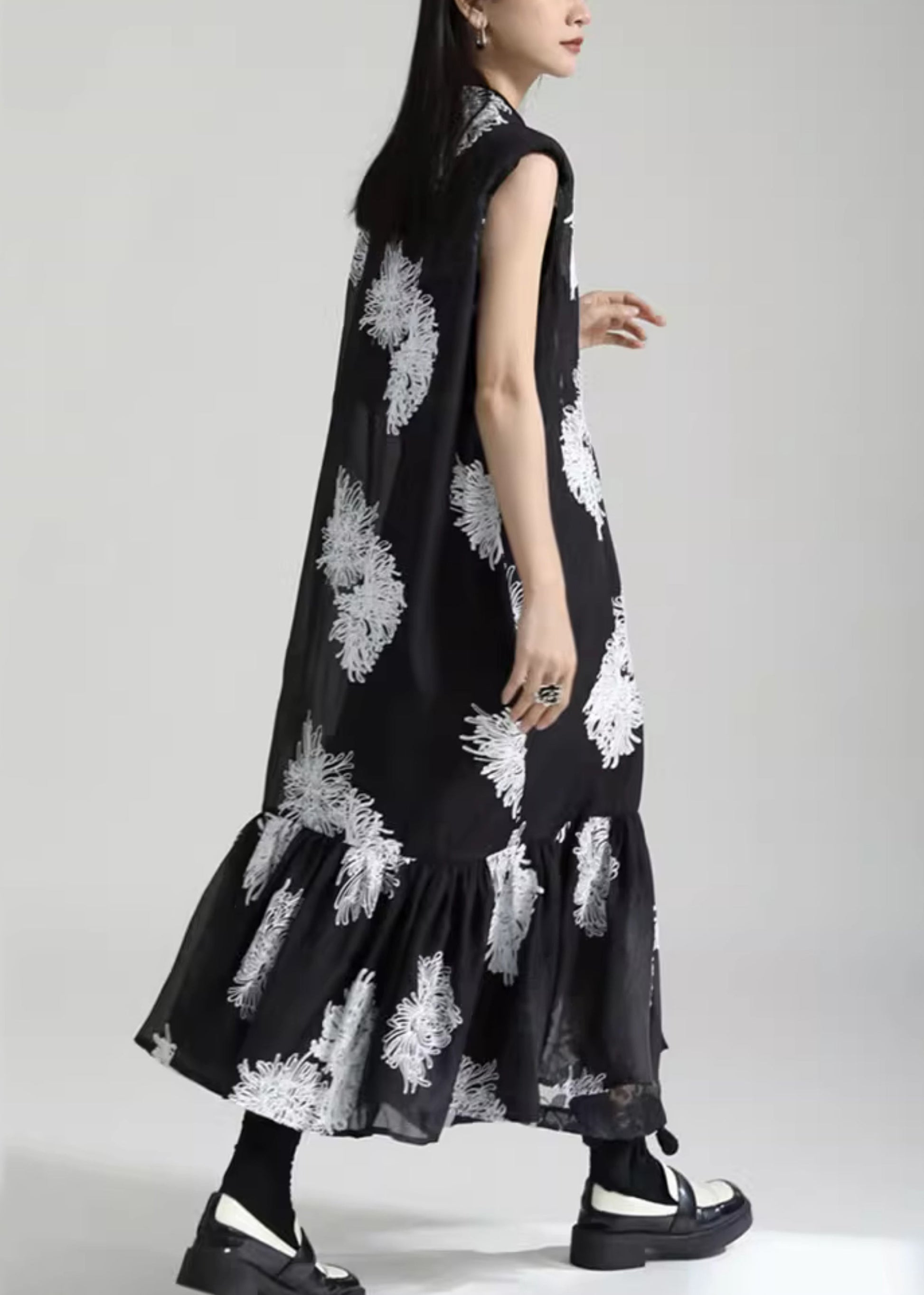 Chinese Style Black Stand Collar Embroideried Tulle Dresses Sleeveless Ada Fashion