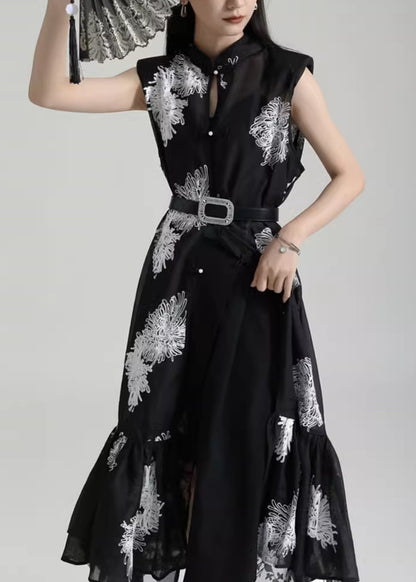 Chinese Style Black Stand Collar Embroideried Tulle Dresses Sleeveless Ada Fashion