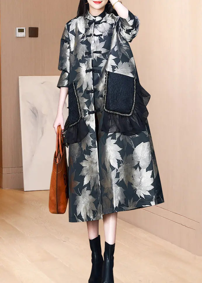 Chinese Style Black Stand Collar Pockets Print Silk Trench Fall Ada Fashion