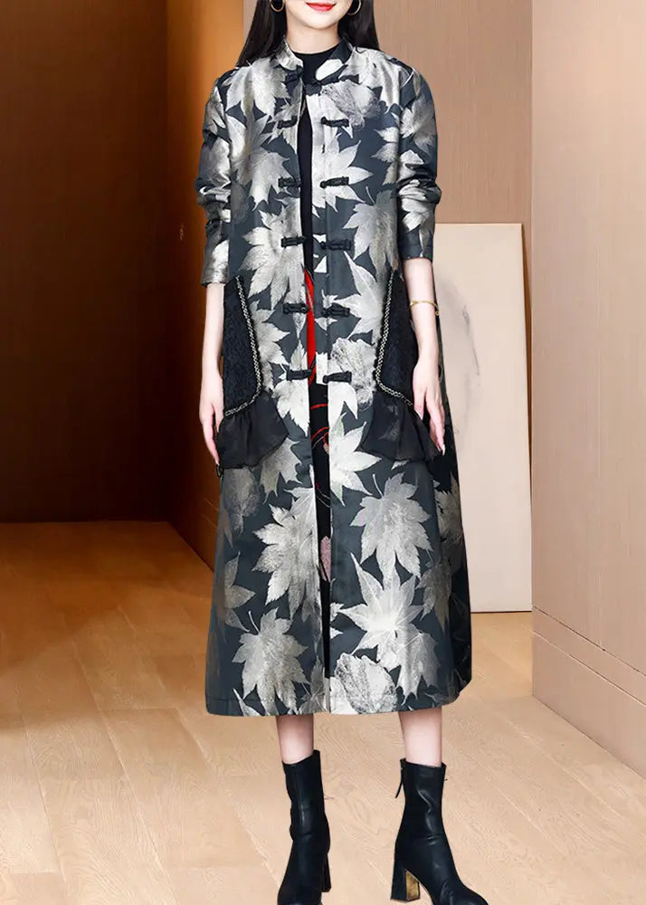 Chinese Style Black Stand Collar Pockets Print Silk Trench Fall Ada Fashion
