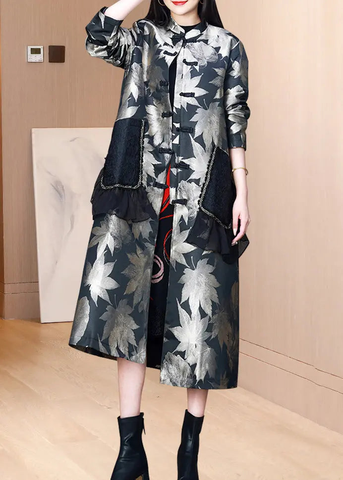 Chinese Style Black Stand Collar Pockets Print Silk Trench Fall Ada Fashion