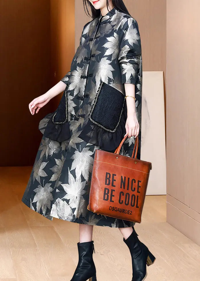 Chinese Style Black Stand Collar Pockets Print Silk Trench Fall Ada Fashion