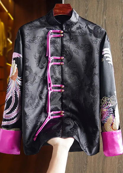 Chinese Style Black Stand Collar Tasseled Embroideried Silk Coat Fall Ada Fashion