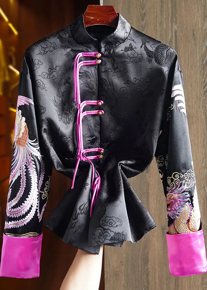 Chinese Style Black Stand Collar Tasseled Embroideried Silk Coat Fall Ada Fashion