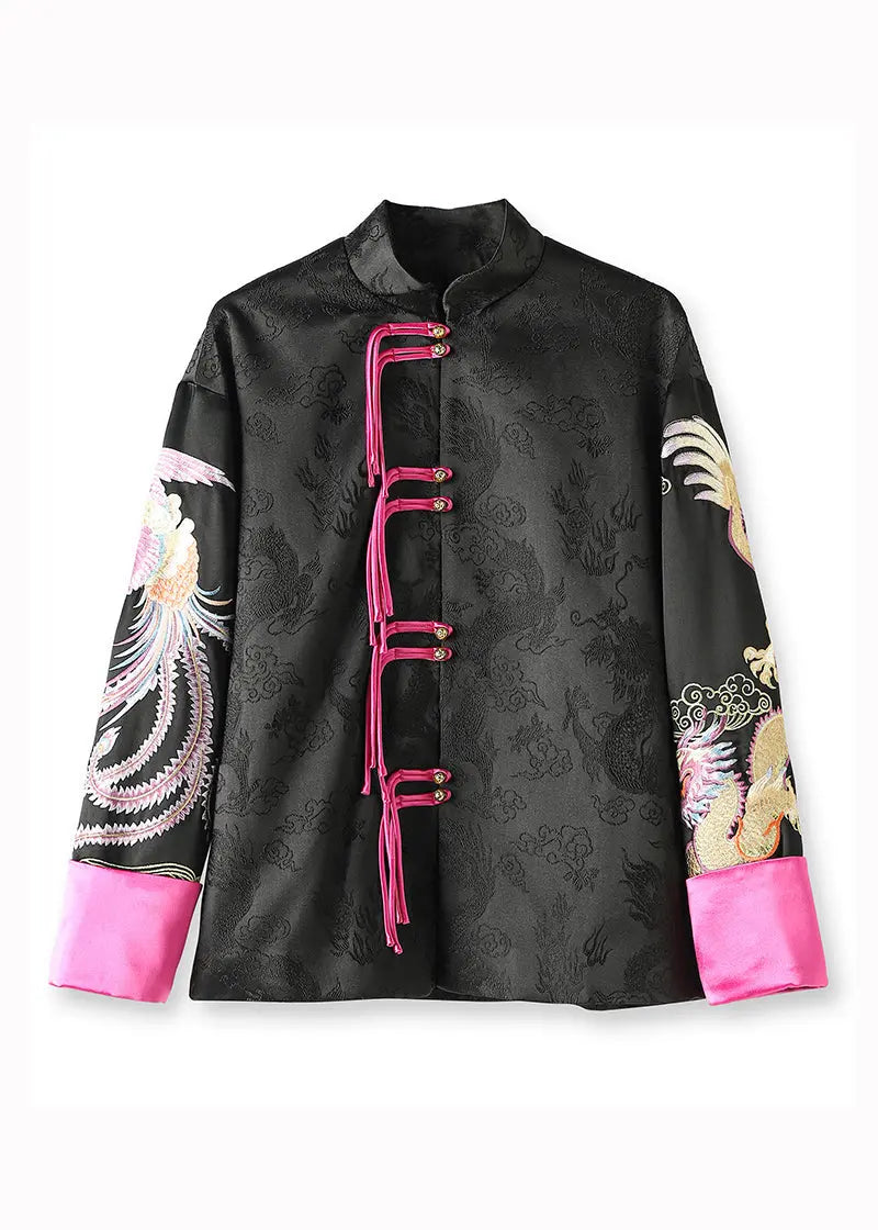 Chinese Style Black Stand Collar Tasseled Embroideried Silk Coat Fall Ada Fashion