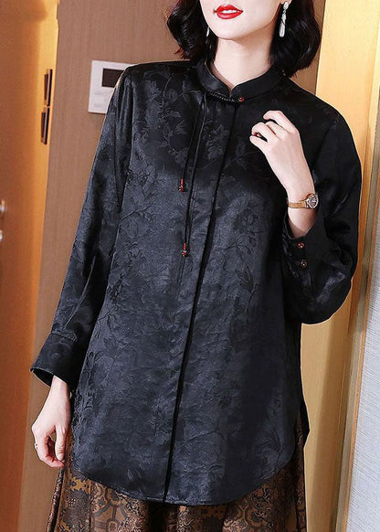 Chinese Style Black Tasseled Jacquard Patchwork Silk Blouses Long Sleeve LY4418 - fabuloryshop