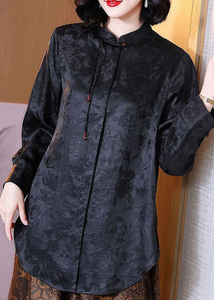 Chinese Style Black Tasseled Jacquard Patchwork Silk Blouses Long Sleeve TI1052 - fabuloryshop