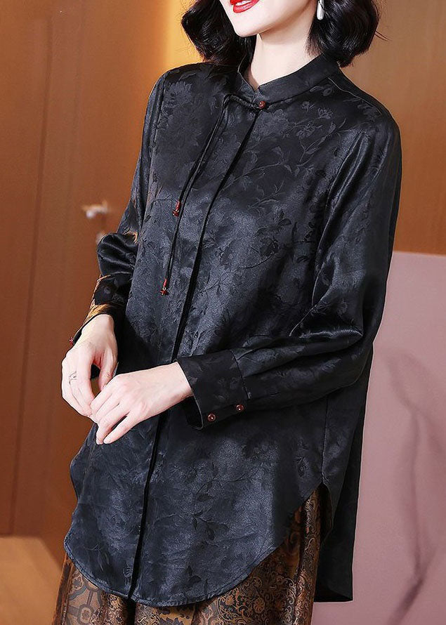 Chinese Style Black Tasseled Jacquard Patchwork Silk Blouses Long Sleeve LY4418 - fabuloryshop